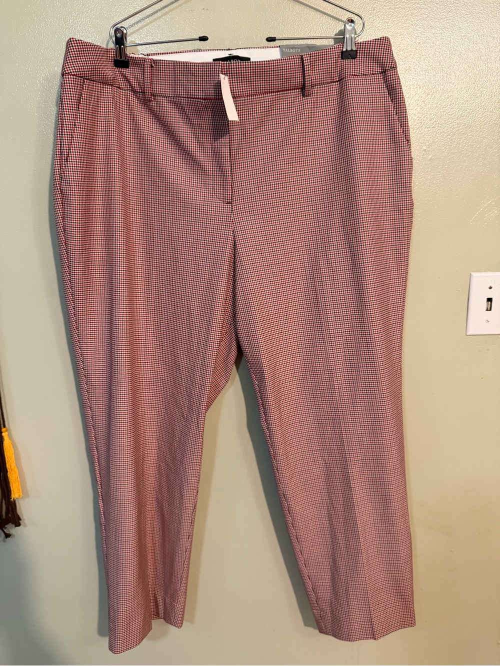 Talbots Hampshire Ankle High Rise Straight Pants Hounstooth Plaid Red 22W NWT
